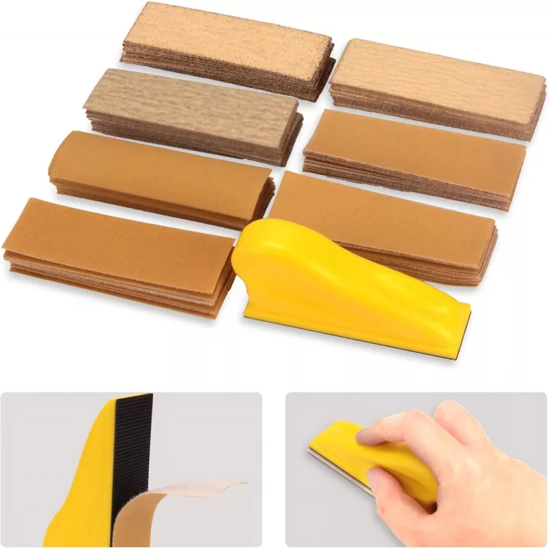 Kit 3.5x1.1 in Hand Sanding Block and Sandpaper Sheets 80-400 Grit Wood Woodworking, Small Detail Finishing Sander