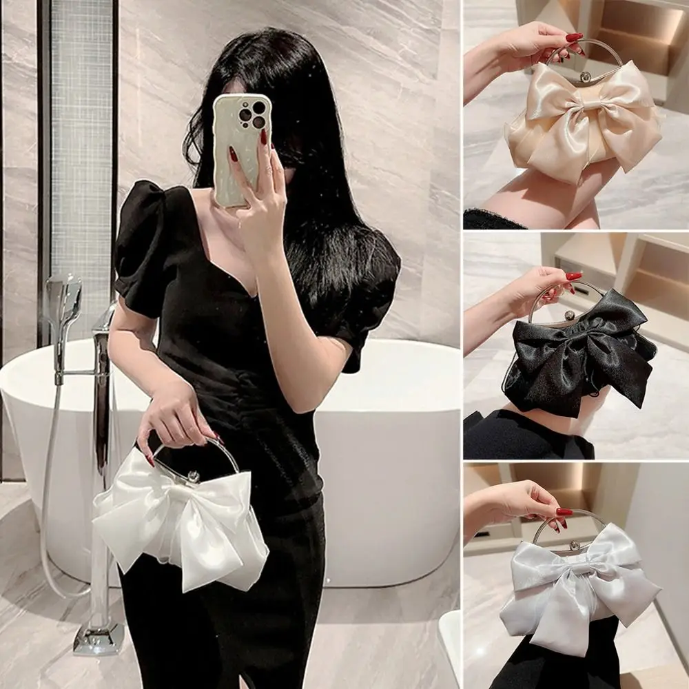 Elegant Gold Bright Silk Bowknot Evening Bag Chain Banquet Clutch Handbags Wedding Party