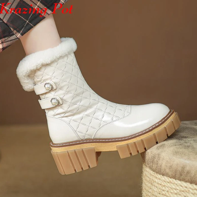 

Krazing Pot Cow Leather Fur Round Toe Winter Warm Snow Boots Thick High Heels Zipper Luxury Office Lady Platform Ankle Boots