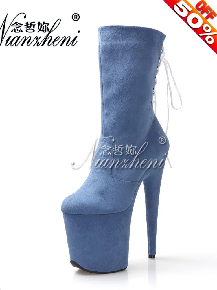 

New Flock Sexy Fetish Lace Up Platform Ankle Boots 20cm Stripper Heels Pole Dance Exotic Dancer Boots Nightclub Fashion 8Inches