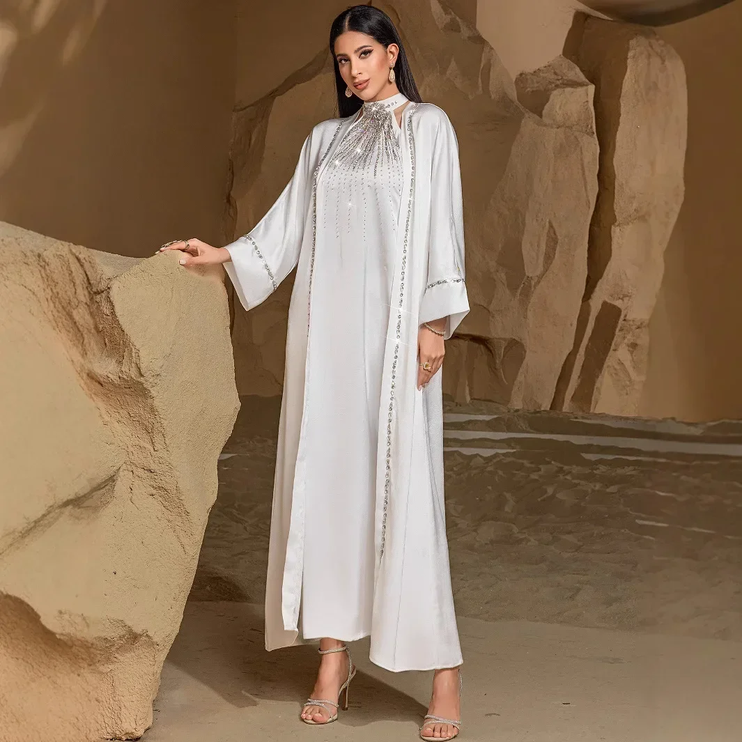 Ensemble deux pièces blanc pour femmes musulmanes, Kimono Abaya dubaï, Kaftan arabe, Robe de soirée en diamant, Caftan marocain Eid Ramadan
