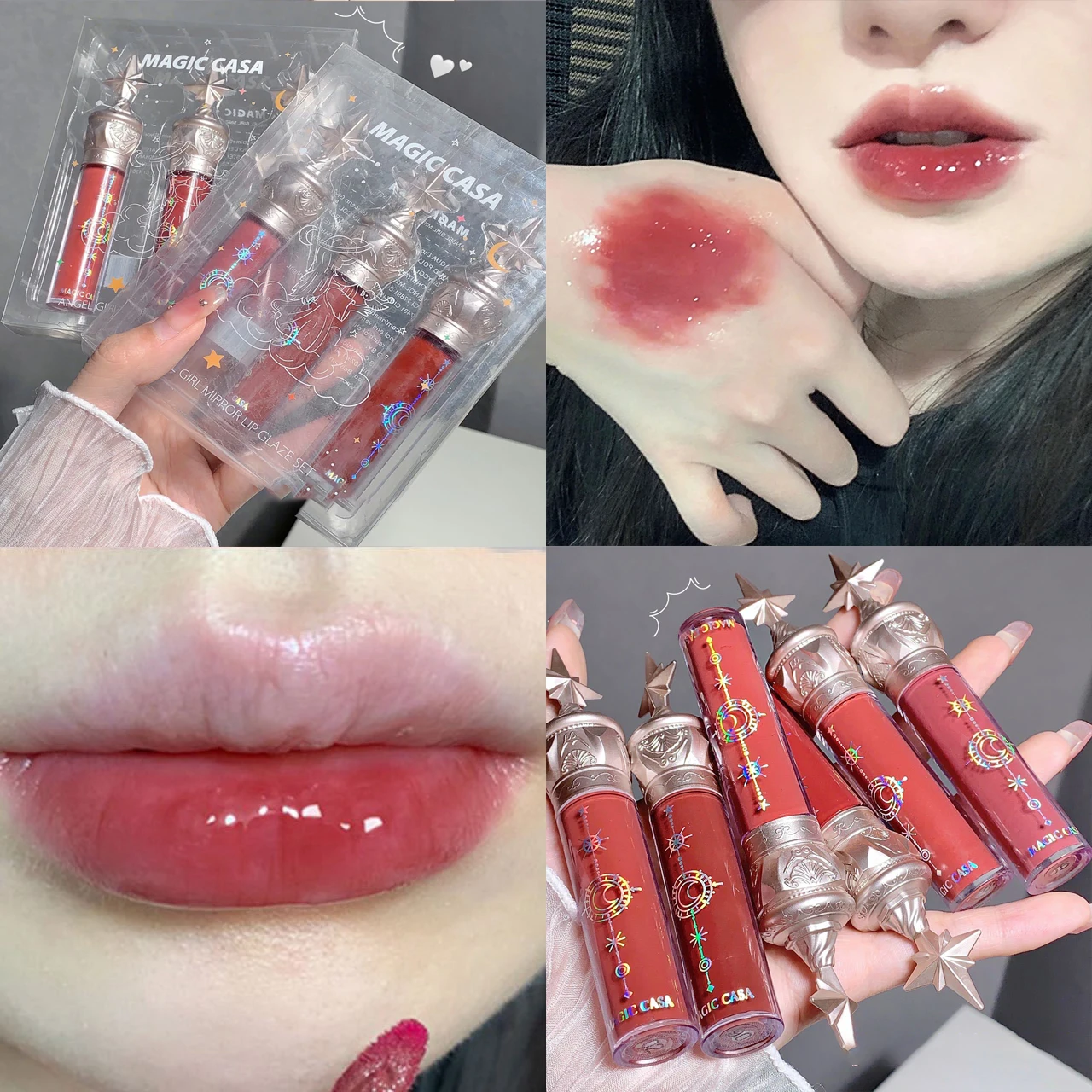 Brillo de labios de agua de espejo transparente, brillo de labios de gelatina, lápiz labial hidratante impermeable, tinte de maquillaje transparente Rosa desnudo, cosmético, 3 piezas por juego