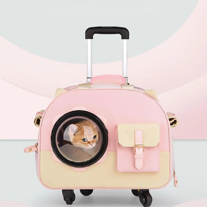 High Beauty Transport Bag Visual Window Cat Basket Circulation Breathable Pet Trolley Roller Curtain Design Pull Rod Case