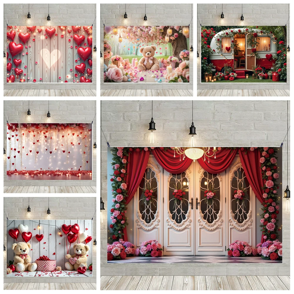 

MOON.QG Floral Garden Rose Curtains Teddy Bear 2026 Valentine's Day Background Backdrop Women Photobooth Wedding Photo Studio