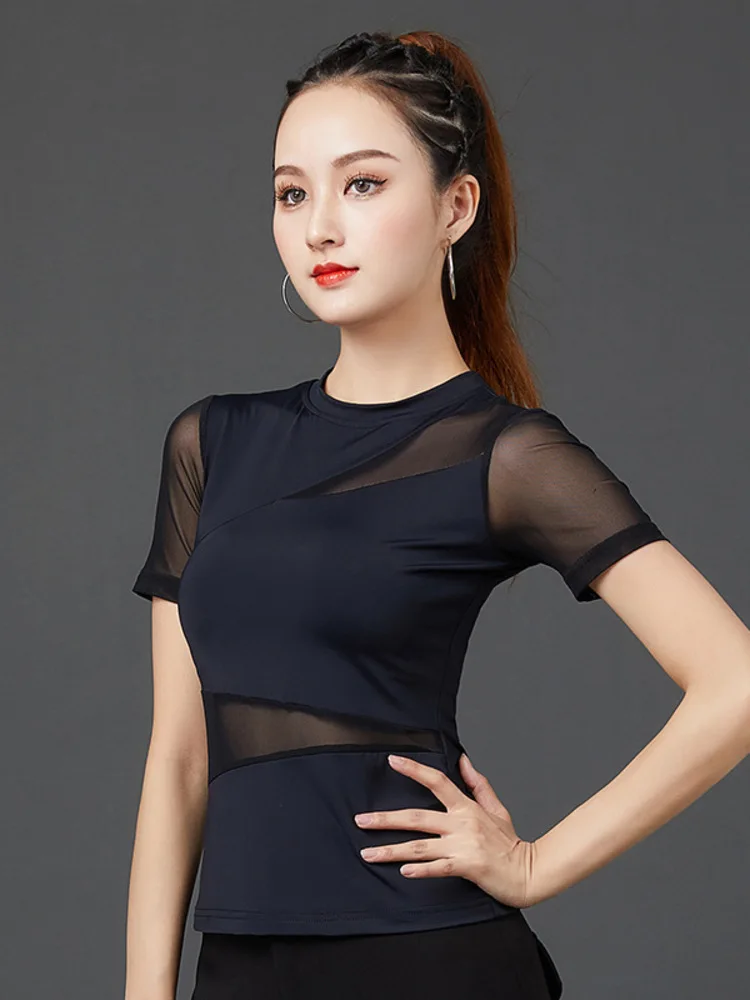 Ladies Dance Shirt Mesh Patchwork Slim Fit Clubwear Latin Cha Cha Performance Top Breathable Lightweight Stretch Material