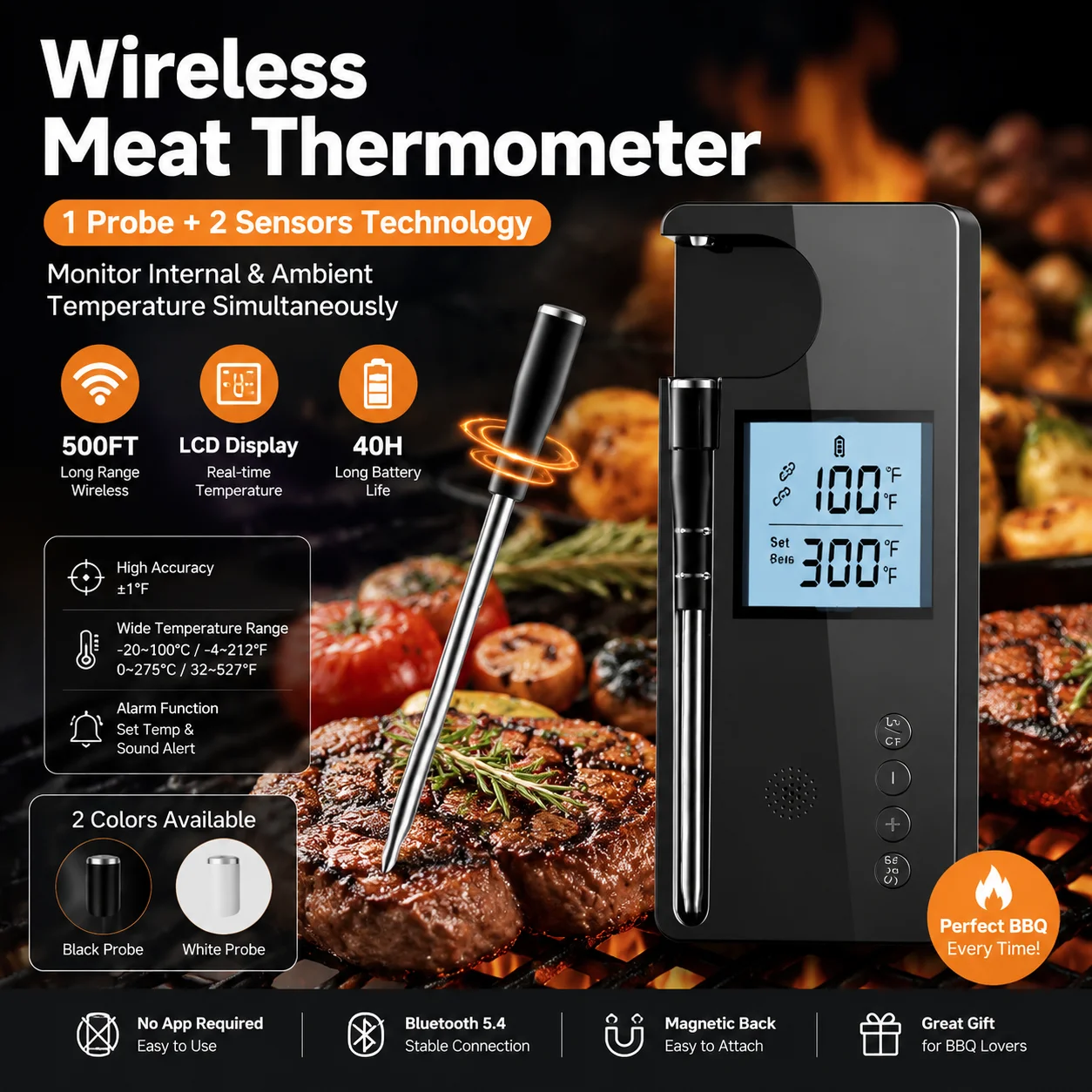 Wireless Meat Thermometer Bluetooth 5.4 500FT Long Range Dual Sensor Probe LCD Display BBQ Grill Thermometer 40H Battery Life