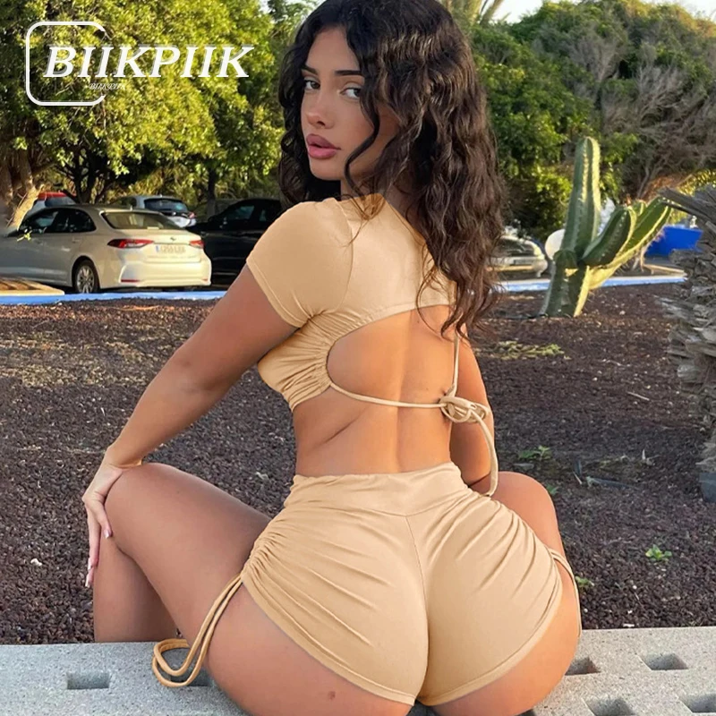 

BIIKPIIK Sexy Shorts Sets Fashion Casual Skinny Women Two Piece Suits Lace Up Tees + V Waist Shirring Shorts Club Sporty Fitness