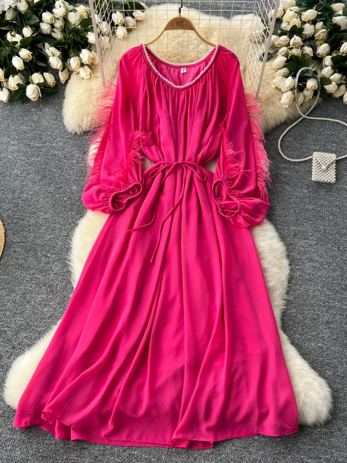 Ofallsis Beaded V Neck Lantern Sleeves Plush Tassel Dress 2024 Summer New Women's Heavy Work Waist Tie Up Chiffon Long Dresses