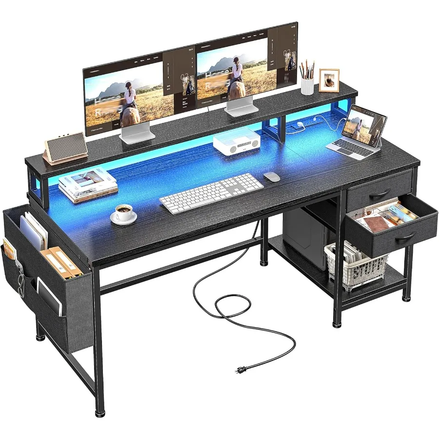 55 Computer Desk with Drawers Storage Bag Gaming Desk with Power Outlets and LED Lights Office Desk with Monitor Stand for Bedr