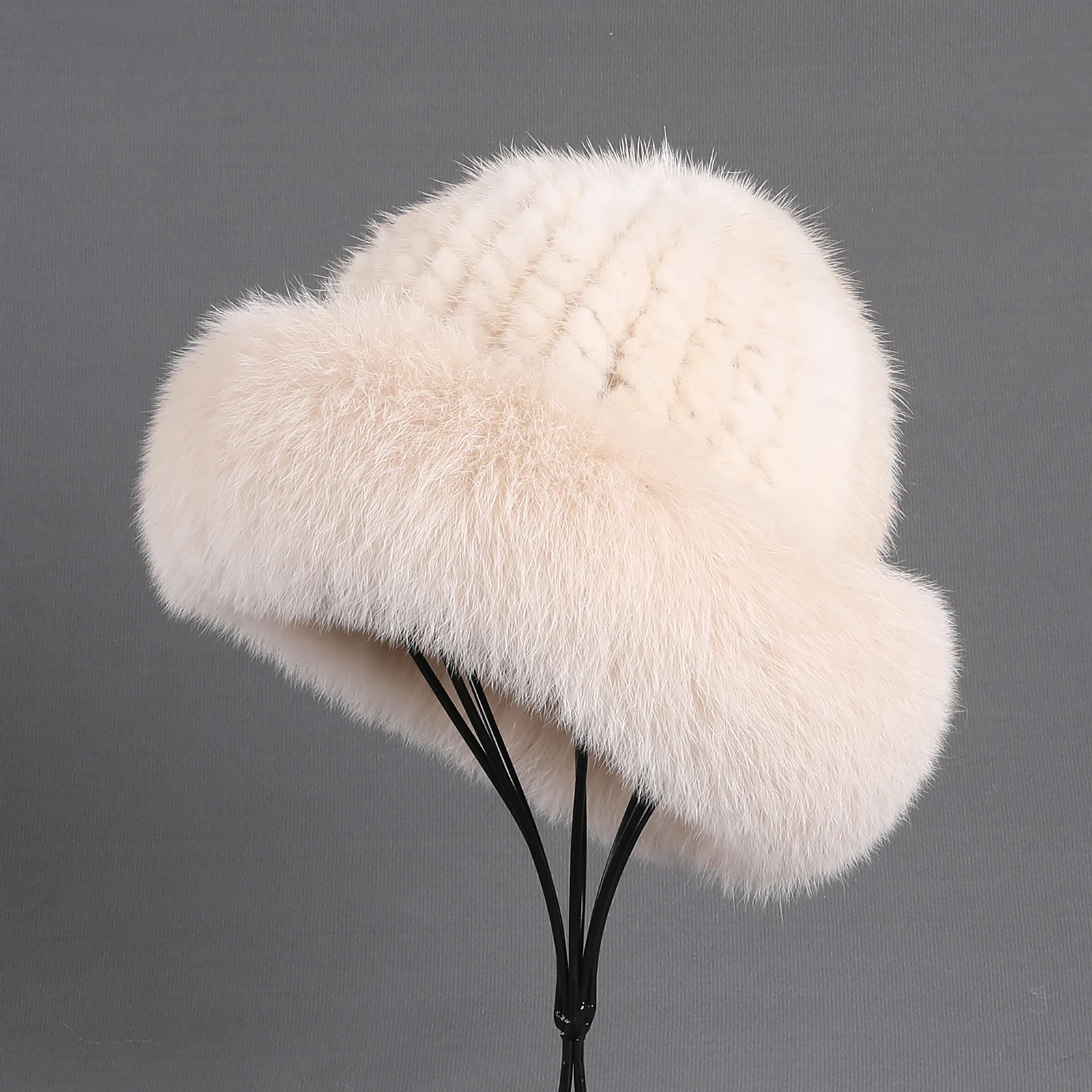 Frauen Winter warm echte Premuim Nerz Fell gestrickt Eimer Hut pelzigen Echtpelz Kappen Big Fox Pelz besatz Krempe verstellbar – Detail 6