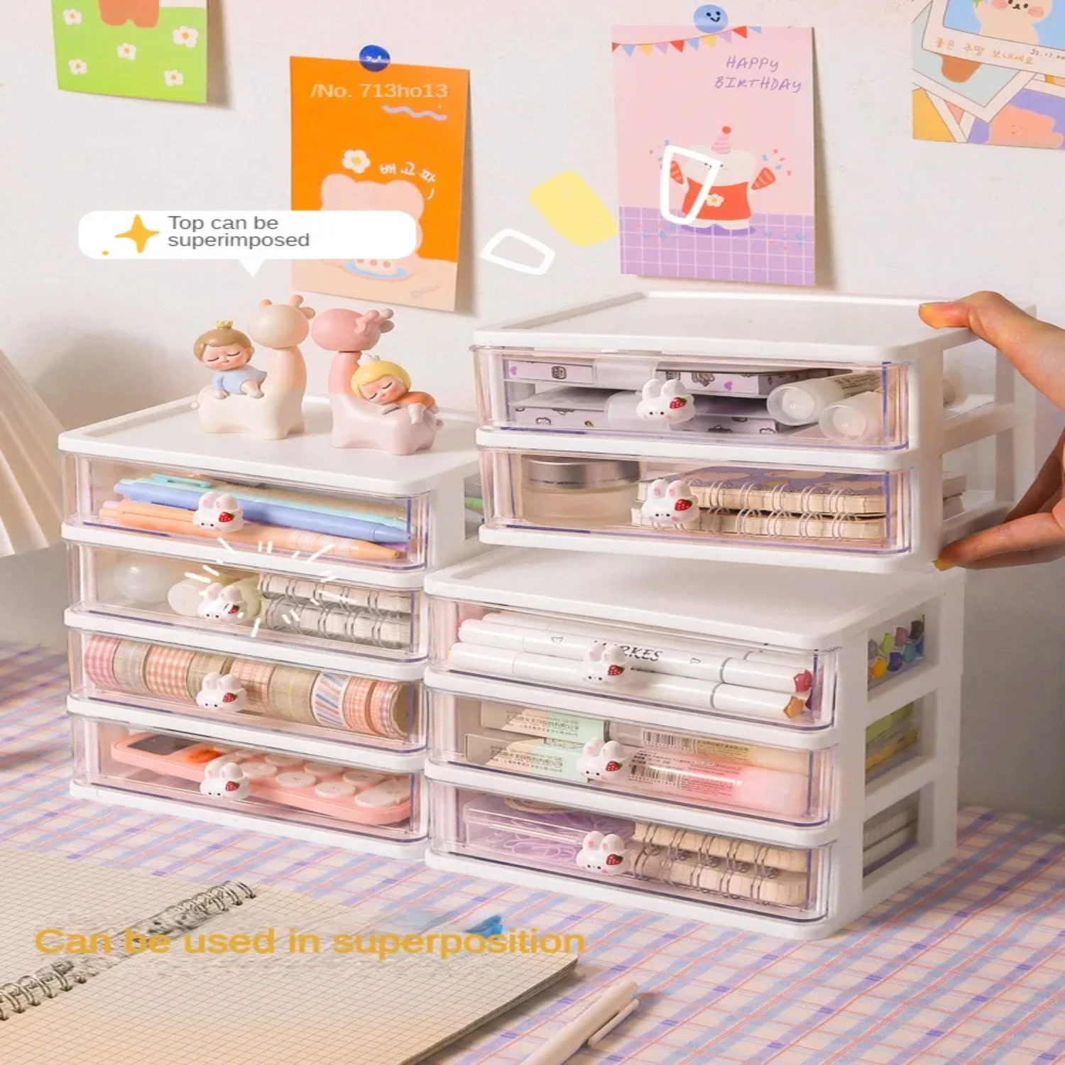 Transparent Cute Plastic Stationery and Cosmetics Container 1-Piece Desk Drawer Box