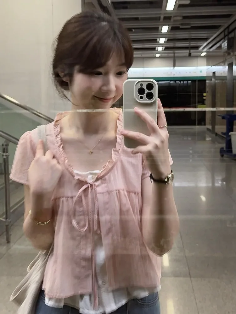 

Розовая текстурированная блузка в полоску ort Sve, женская летняя новая нежная блузка с рюшами и воротником, маленькая корейская свободная посадка