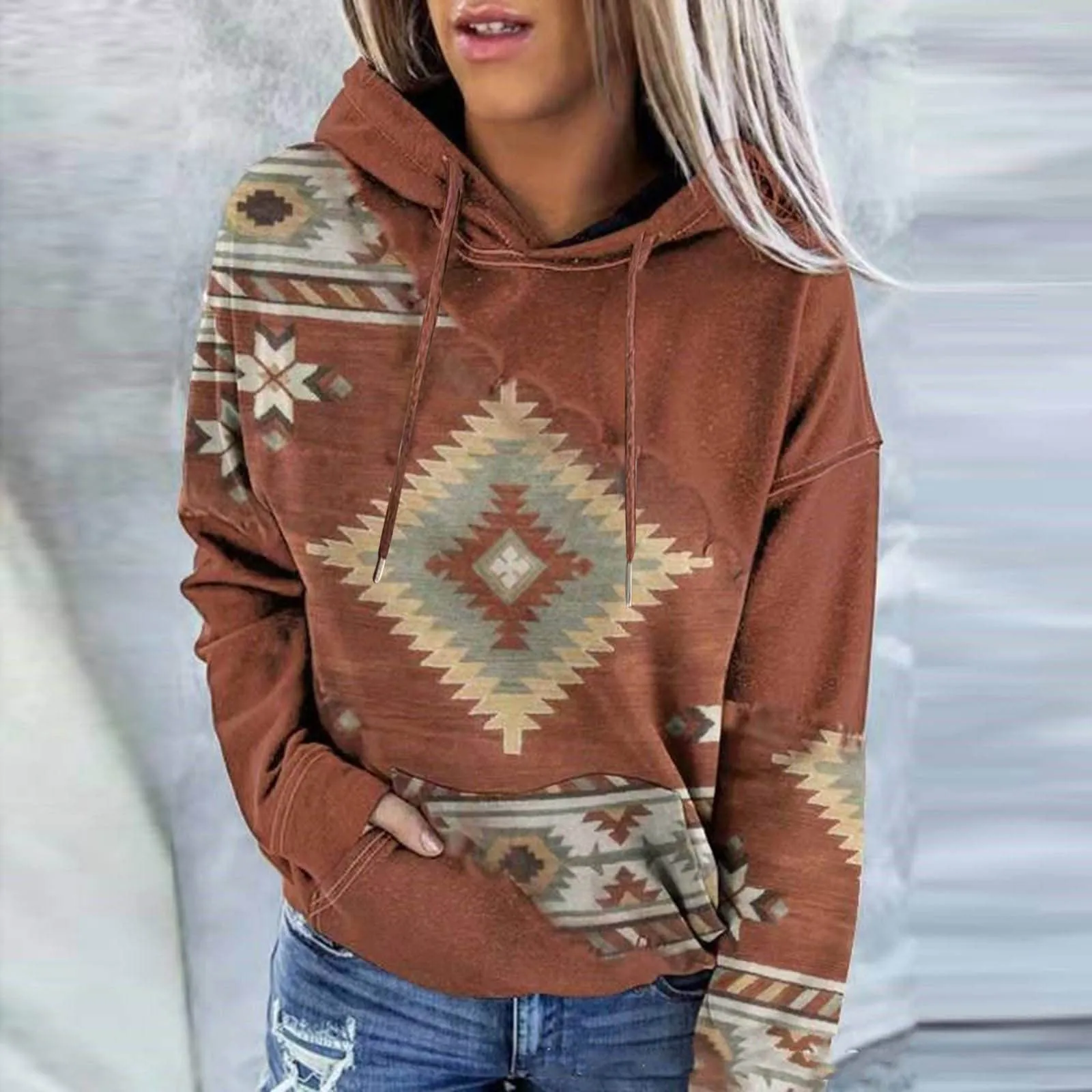 Women’s Hooded Pullover Western Ethnic Style Print Casual Geometric Horse Print Long Sleeve Drawstring Sweatshirt Tops