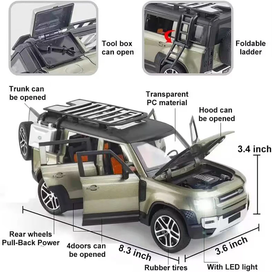 1/24 range rover defender modelo carro pullback veículo brinquedo coleção para land rover novo defender 110, presente, com som e luz
