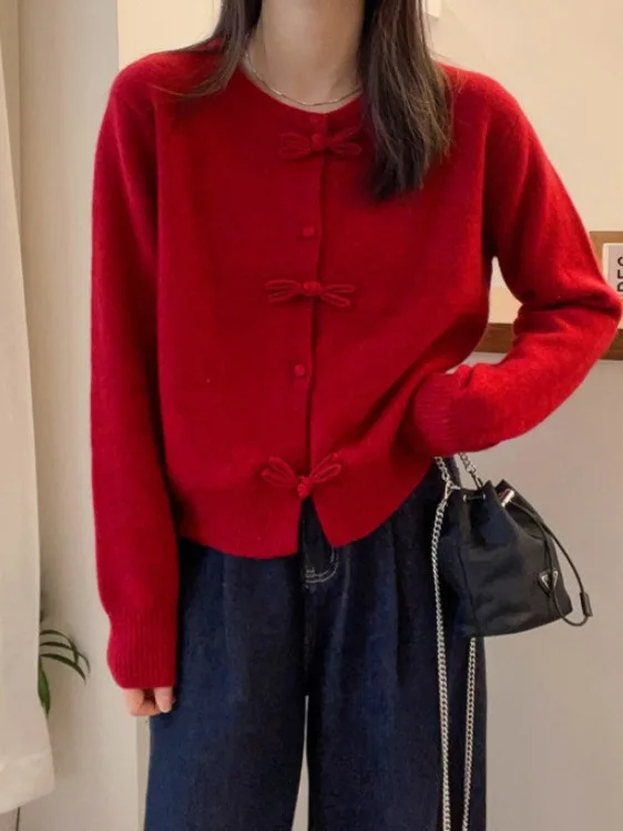 

Cisas красный вязаный открытый кардиган женский осенне-зимний мягкий уютный круглый свитер Ne маленького размера с модным узлом