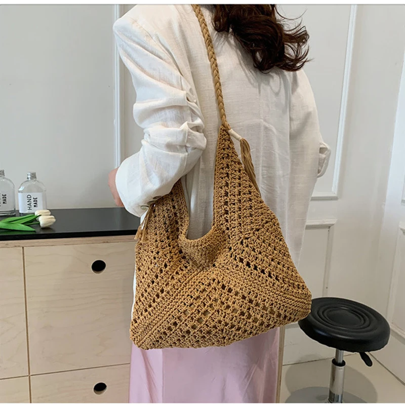 

Ladies Leisure Crochet Hollowed Beach Vacation Bags Female Artistic Style Grass Woven Shoulder Bag Women Summer Fashion Handbag