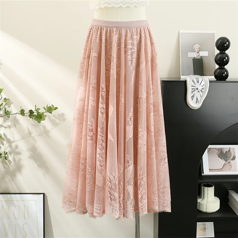 

New Spring Summer Women Floral Embroidery Mesh Skirt Elastic High Waist Hollow Out Lace Skirts Female A-Line Large Hem Long Saia