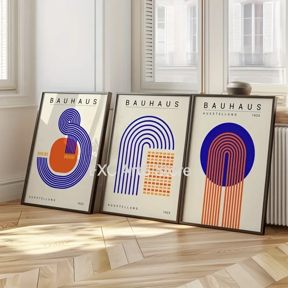 3PCS frameless  3 Blue Abstract Geometric Bauhaus Canvas Posters,Mid-century Modern Prints,Modern Living Room,Bedroom Wall Decor