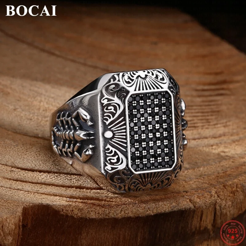 BOCAI S925 Sterling Silver Rings for Men Women Ancient Scorpion Pattern Micro Black Zircon Fashion Punk Jewelry Free Shipping