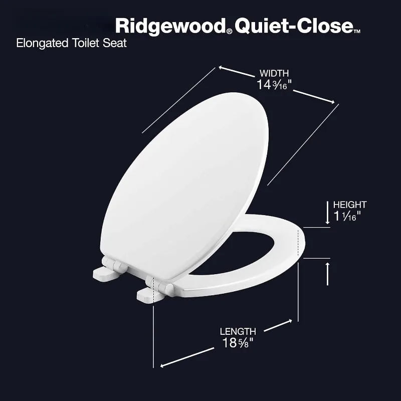 Ridgewood Quiet-Close Elongated Toilet Seat, Slow Close, Grip Tight Bumpers and Installation Hardware