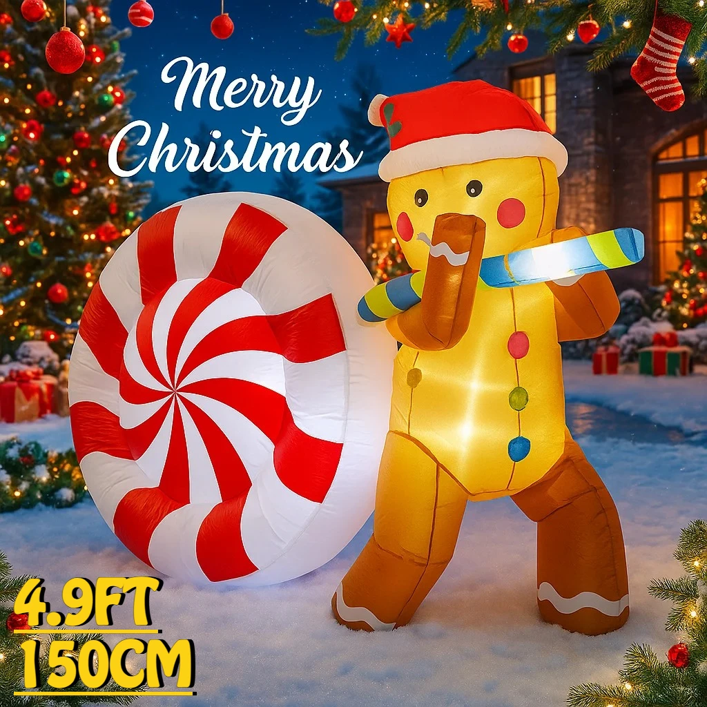 4.9FT Gingerbread Man Candy Inflatable Christmas Decoration Ornament Lights Outdoor Decoration Yard Holiday Party Decor Lawn Toy