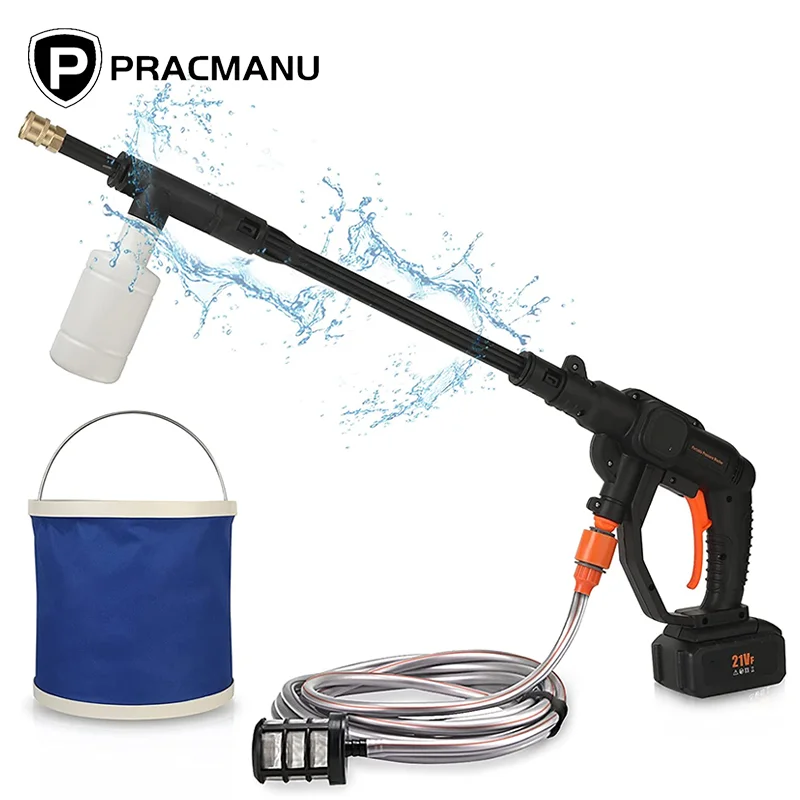 

Pracmanu 21V High Pressure Cordless Washer Electric Car Washer Gun Auto Cleaning Care Cordless Wash Spray Garden Washing Tools