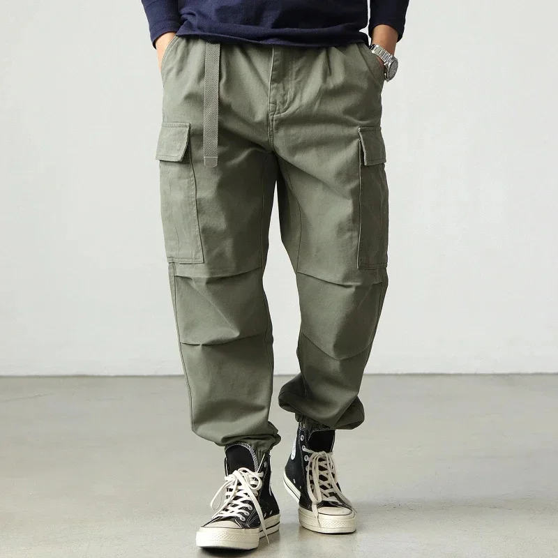 

Мужские свободные конические повседневные штаны десантника из чистого хлопка в стиле ретро с поясом и ногами, весна-осень