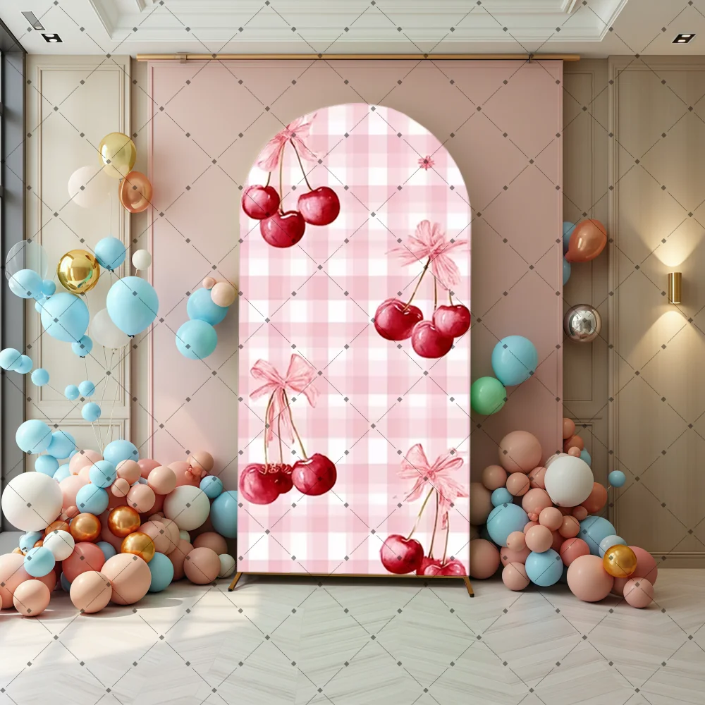 Cherry First Arch Backdrop Cover Girls Birthday Party Baptism Baby Shower Pink Plaids Fiesta Decor 2-sided Background