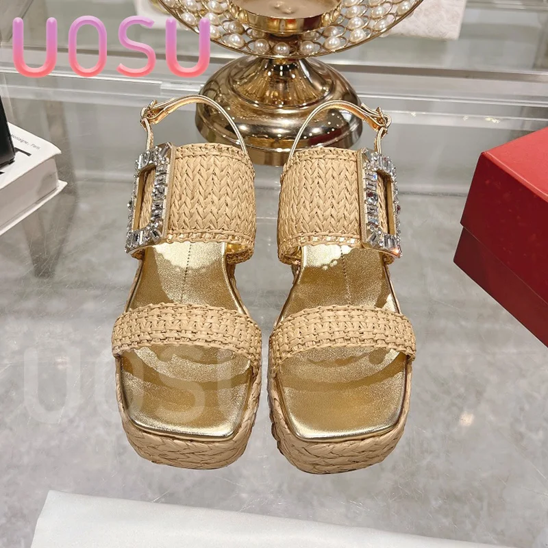 

Designer Women Sandals Vintage Thick Water Platform 3-5cm Cowhide Straw Shoes Luxury Leak Toe Ankle Strakle Strap Ladies Shoes