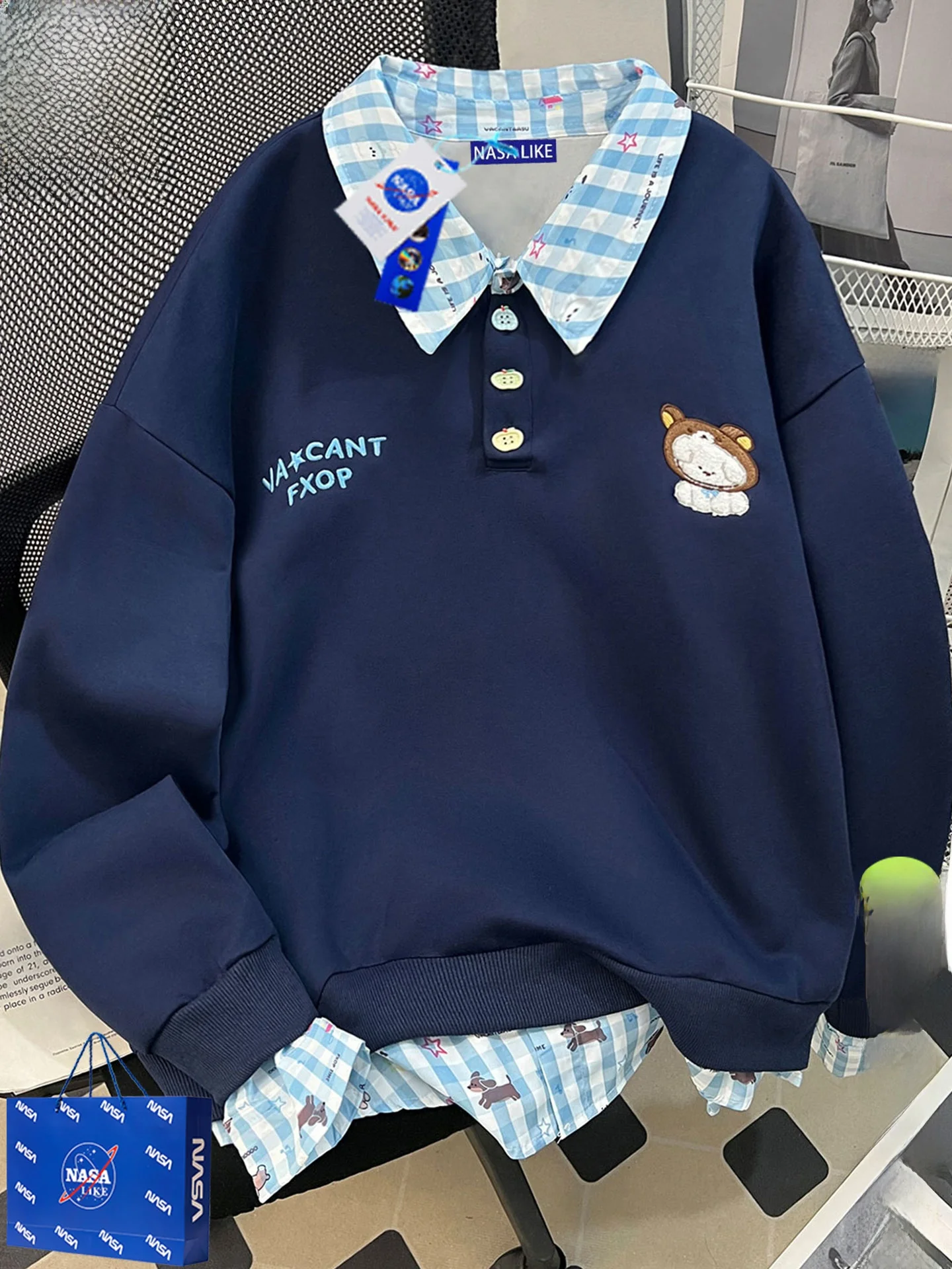 

Ретро-свитшот в американском стиле с вышивкой собаки и клетчатым узором, женский, свободного кроя, для пар, повседневный, с длинным рукавом