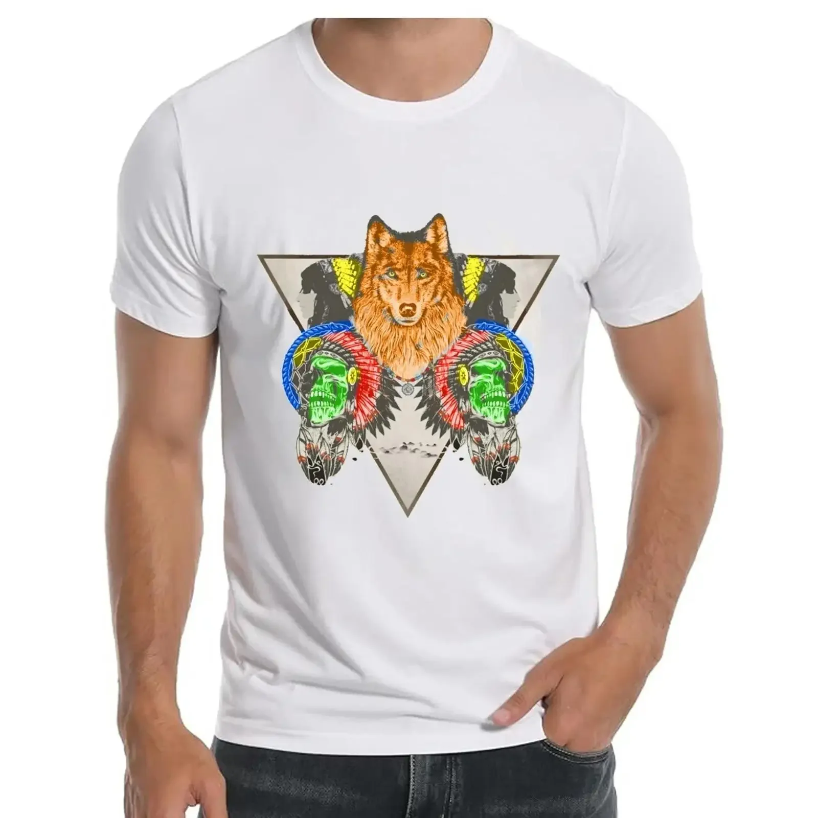 AI Art Wolf Skull Native T Shirt for Men Apparel Clothing novelty vintage Washed Comfortable designer clothes graphic fashion