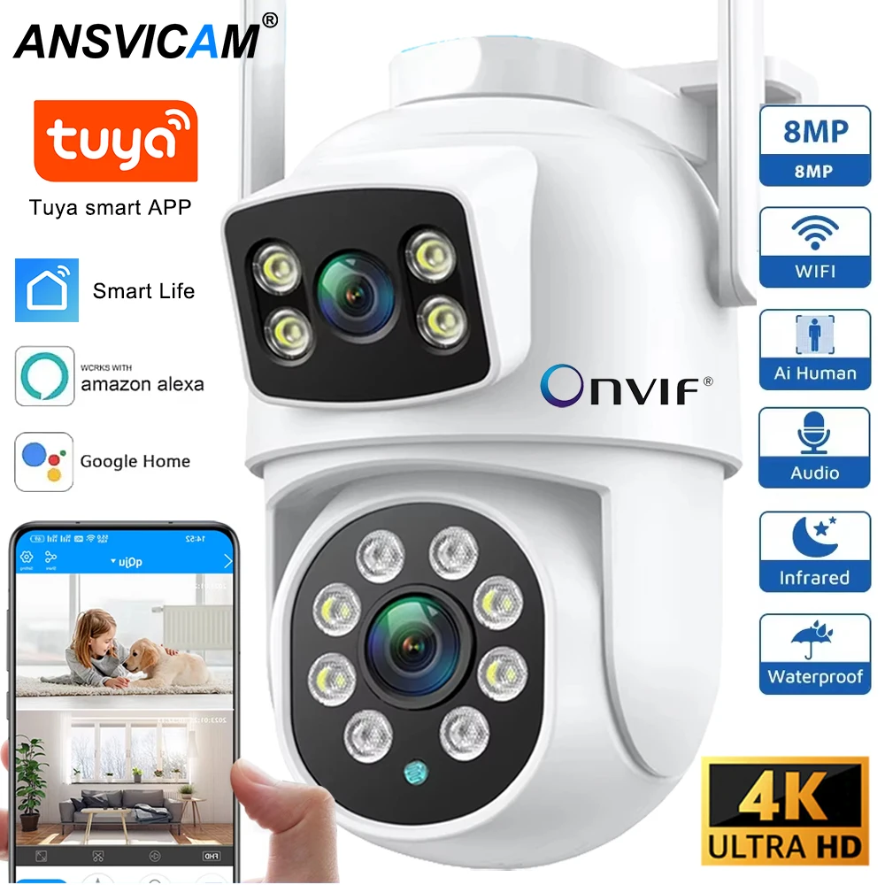 

8MP Dual Lens WIFI Camera PTZ 4K Full HD Dual Screen Ai Human Auto Tracking Outdoor 4MP Security Video Surveillance Tuya Camera