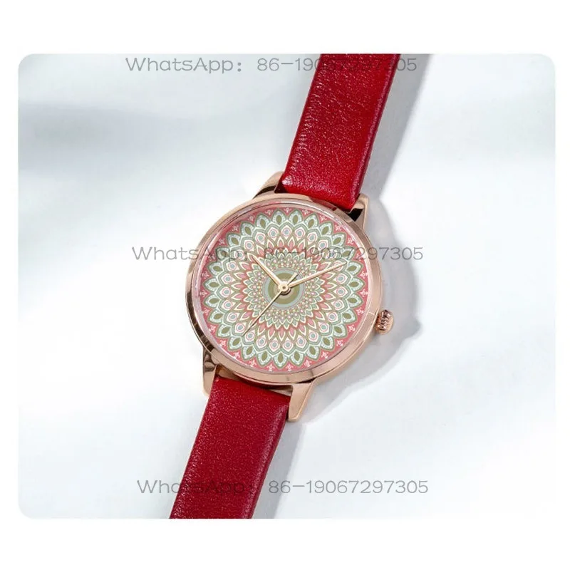 Pattern Literary and Retro Watch, Fashionable Leather Strap Artistic Women's Watch