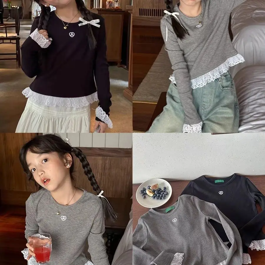 Girls Lace Trim Long Sleeve T-Shirt, Kids Heart Embroidery Ribbed Knit Top, Crew Neck Ruffle Hem Slim Fit Casual Daily Wear Tee