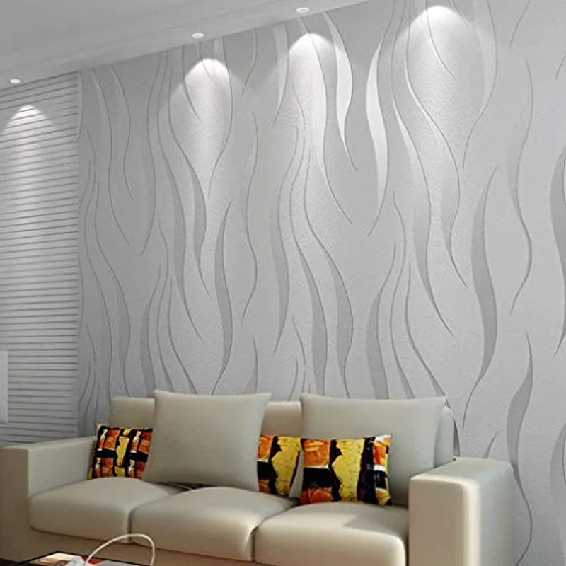 White Living Room Wallpaper Flocking Embossed Wall Paper Grey Wallpaper Roll for Walls Striped Wave Pattern Non-woven Fabric