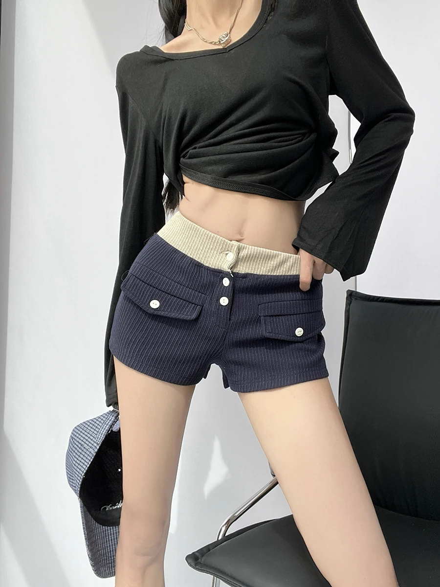Low Waist Knitted Short Pants Women's Summer New Style Patchwork Button Design Casual Pants High Waist Short Length Polyester...