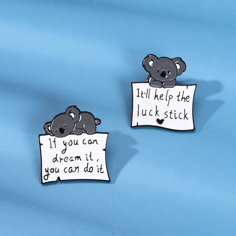 Cute Cartoon Koala Enamel Brooch Creative English Letter Luck Short Sentence Lapel Pin Badge Backpack Clothing Hat Accessories