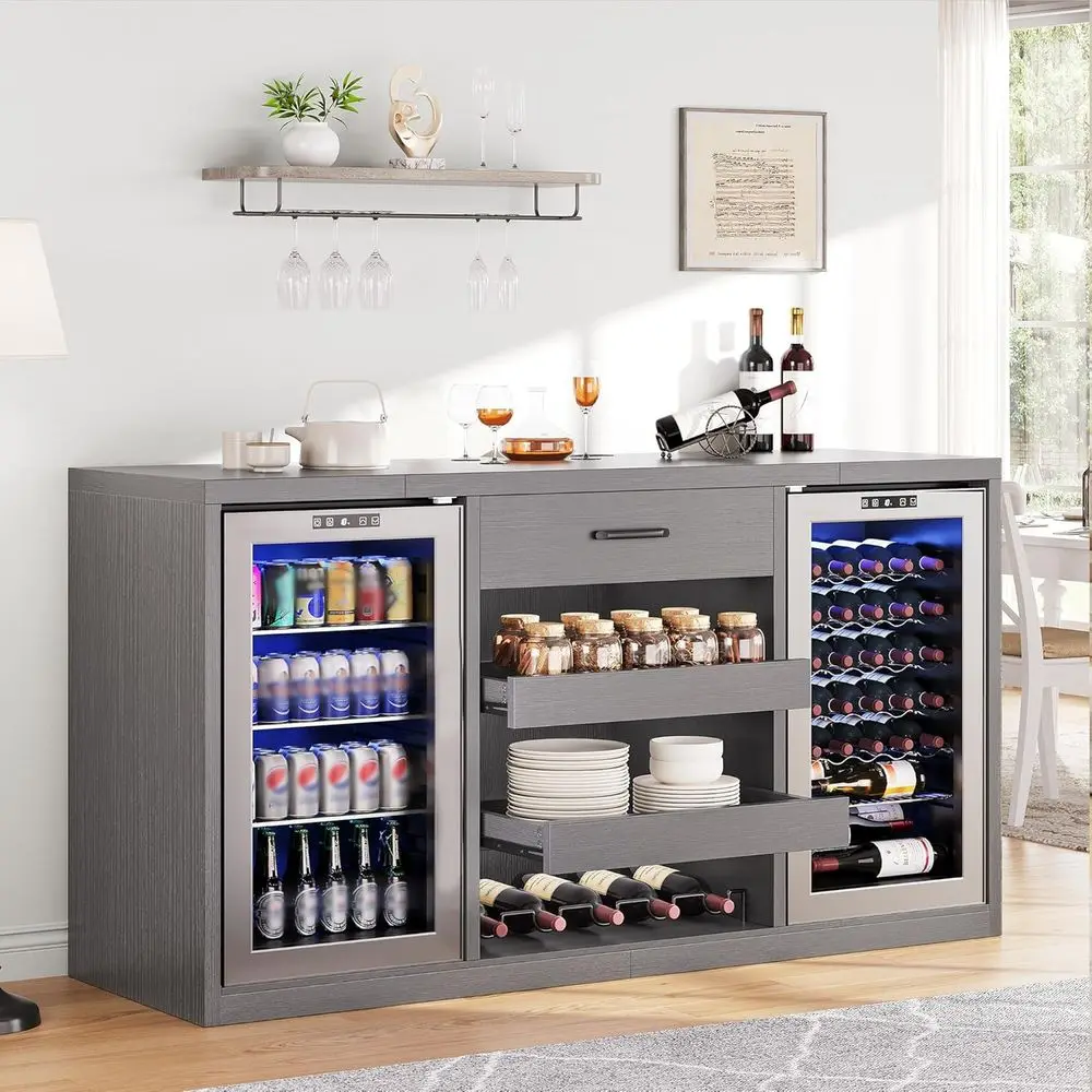 

Large Coee Bar Cabinet with ridge Space, Mini ridge Cabinet with Pull-Out Der and Power Outlets, armhouse Design Liquor Cabinet