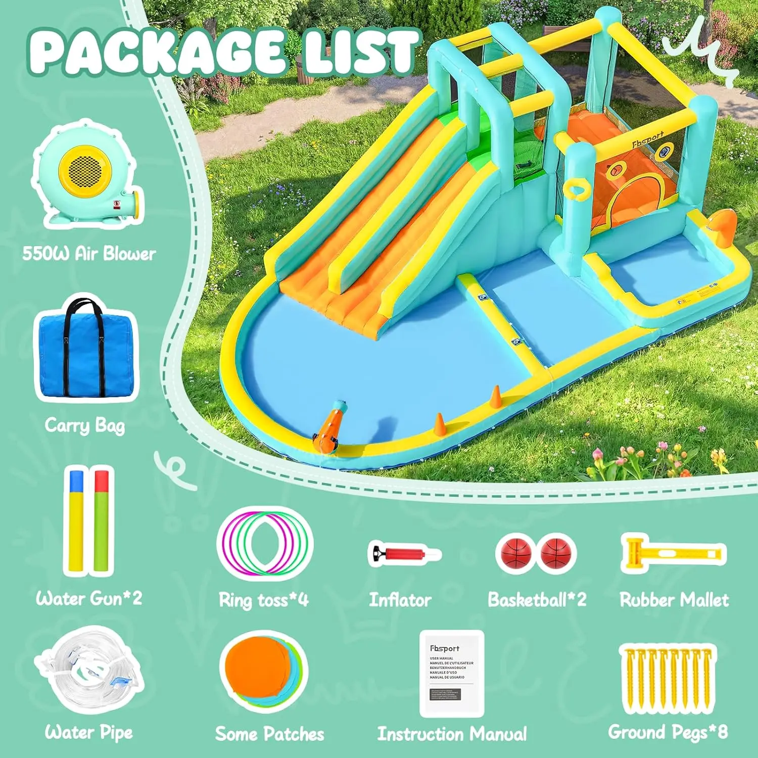 Double Slide Inflatable Water Park Bouncy Castle with Splash Pool, Water Guns, and Blower for Kids - Indoor & Outdoor Backyard Fun view 6