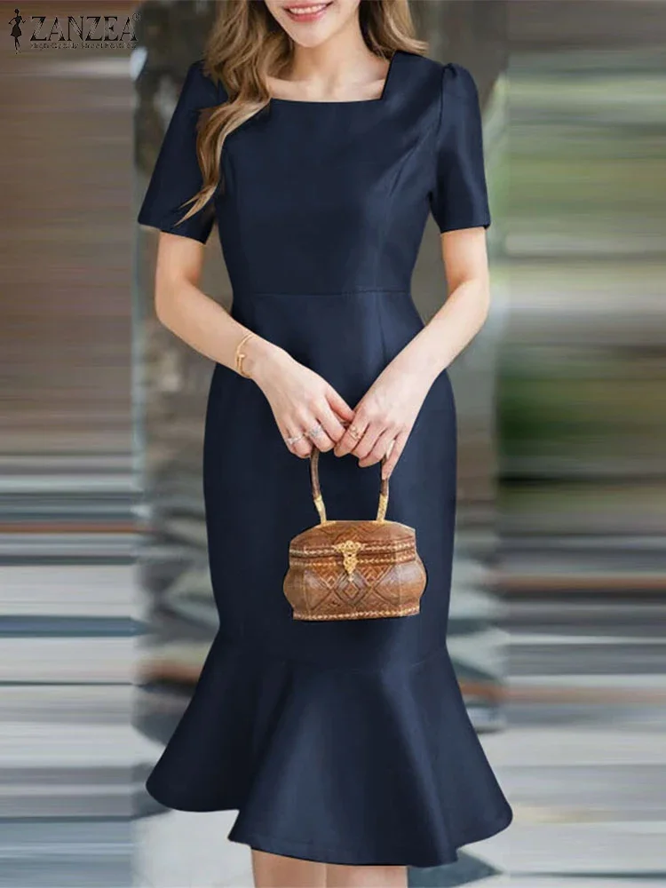 ZANZEA 우아한 Fishtail 드레스 여성 여름 스퀘어 칼라 새틴 Vestidos 2025 패션 짧은 소매 솔리드 이브닝 파티 Sundress