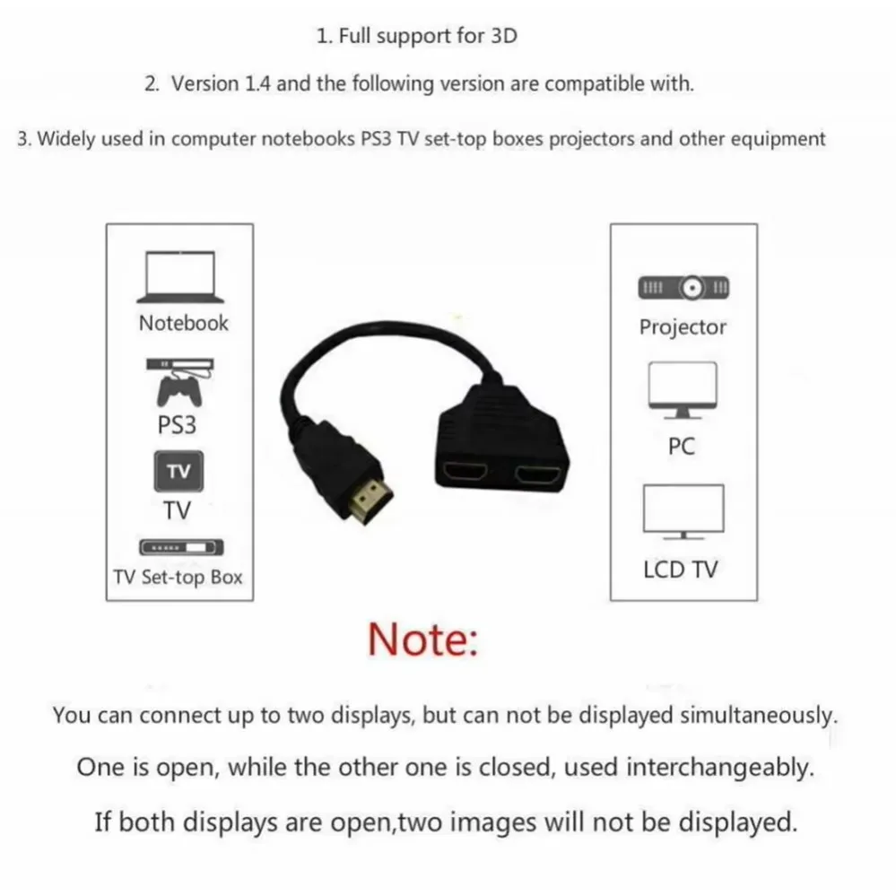 HDMI-compatible Splitter HD 1080P Dual Port 1 in 2 Out Cable Video Switch Adapter Male To Female for Laptop TV Hdtv Box Monitor