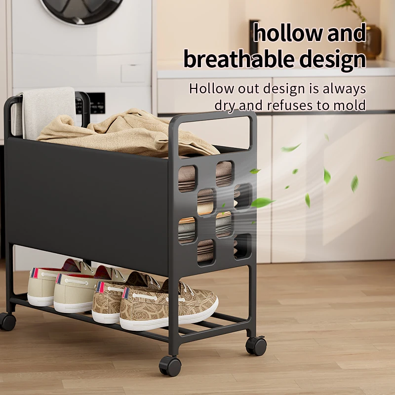 Multi-Functional Storage Rack with Wheels. This Mobile Storage Rack Is Dual-Purpose, with a Large-Capacity Storage Basket on the Upper Layer for Storing Dirty Clothes, Blankets, Pillows, and Also for Placing Bath Towels and Miscellaneous Items; the Lower Layer Can Hold Shoes, Serving as Both a Dirty Laundry Basket and a Shoe Rack The Hollow Design on Both Sides Allows for Ventilation and Breathability, Preventing Moisture Accumulation.