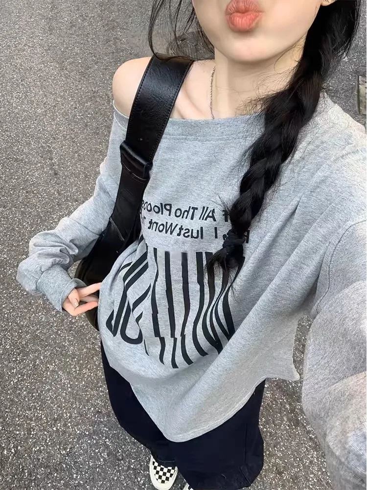 

Ретро-футболка с одним рукавом в американском стиле, серая, с длинным рукавом, женская, для ранней весны, в расслабленном стиле, свободного кроя, в корейском стиле, для повседневной носки