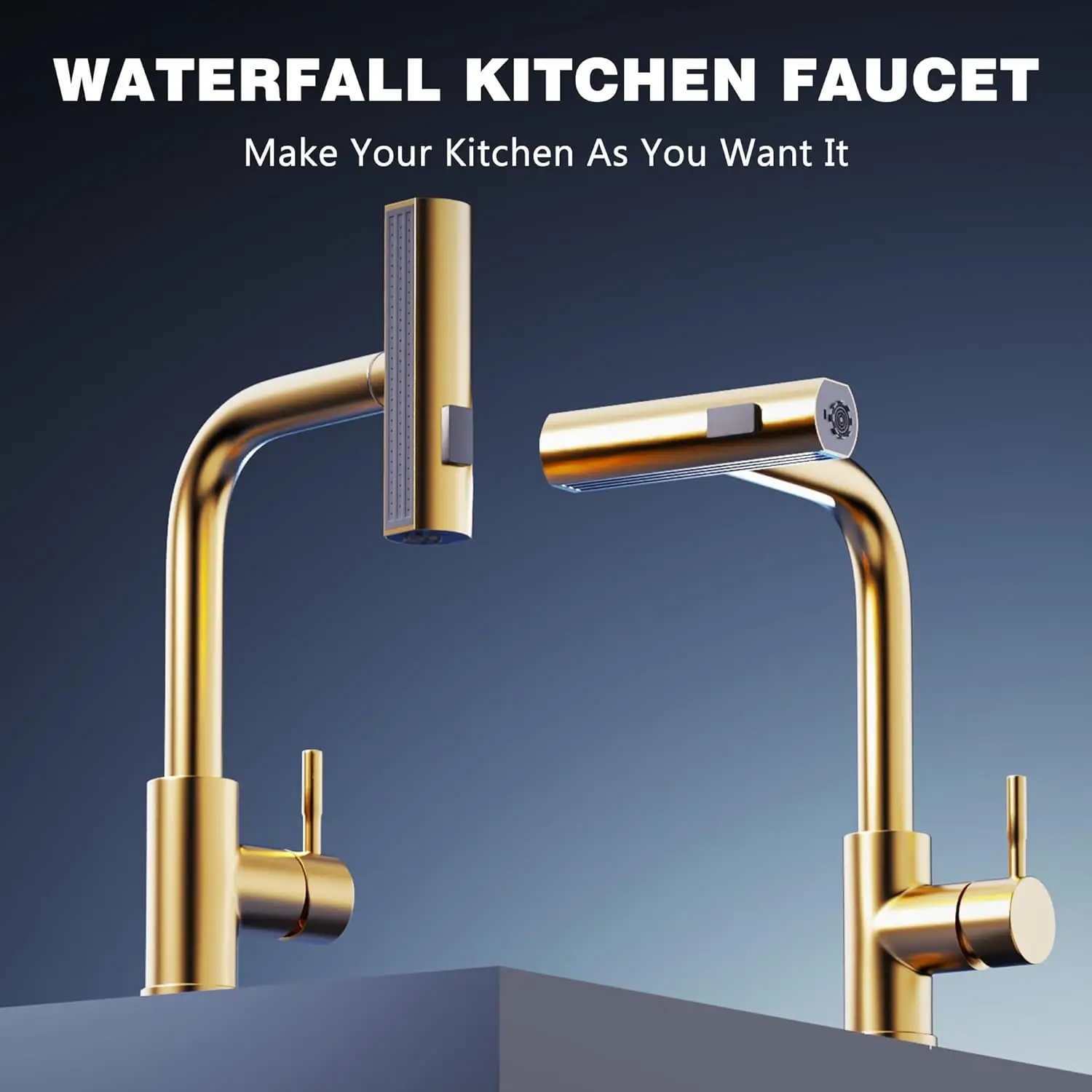 Waterfall Kitchen Faucet with Pull Down Sprayer Single Hole Handle Kitchen Sink Faucets Commercial Modern Faucets