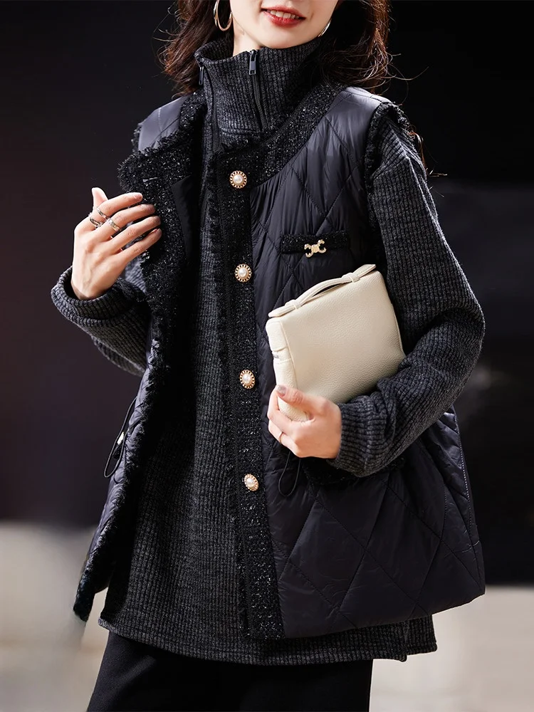 

Ele Patchwork Cotton Vest Women's Winter Outerwear 2025 New Sle Street Faion Straight Cut Button ket Color