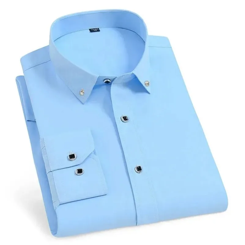 Herren Langarmhemd mit französischen Manschettenknöpfen, Freizeithemd, Markenhemd, einfarbig, Weiß, Schwarz, Blau, Slim Fit, Arbeits- und Businesshemd