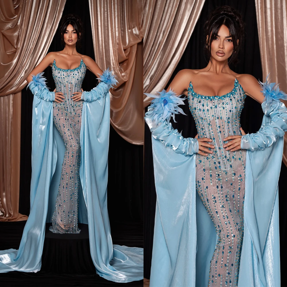 

Gorgeous Evening Dresses For Women Strapless Removable Sleeves Gown Crystal Feather See Through Floor Length Party Customized