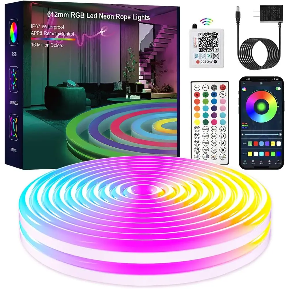Flexible RGB LED Rope Lights, IP67 Waterproof, App/Remote Control, Music Sync, Ideal for Gaming Rooms and Living Spaces