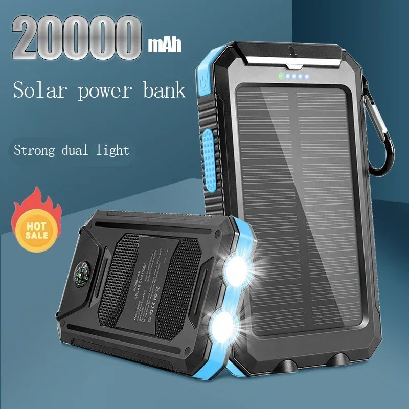 

Hot Solar Power Bank 20000mAh Outdoor Portable Charger Power Bank Waterproof External Battery Dual USB Charging with LED Light