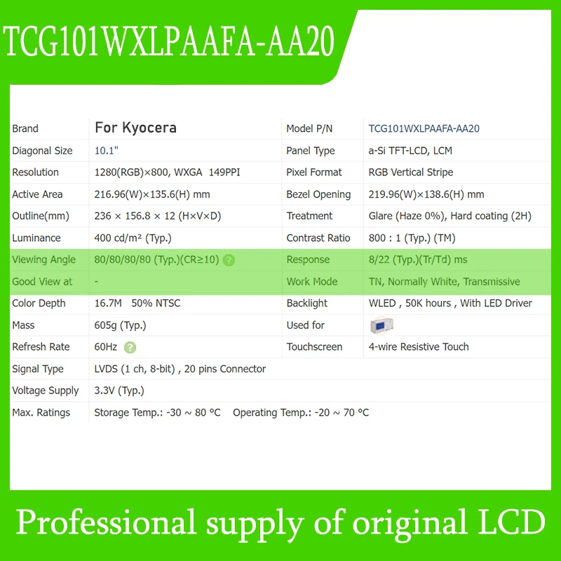 TCG101WXLPAAFA-AA20 10.1 pouces 1280*800 panneau d'écran d'affichage TFT-LCD Original pour Kyocera tout neuf entièrement testé